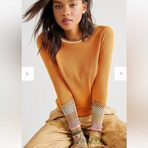 Free people L alpine cuff tee yellow orange thermal boho cotton blend spring WTF